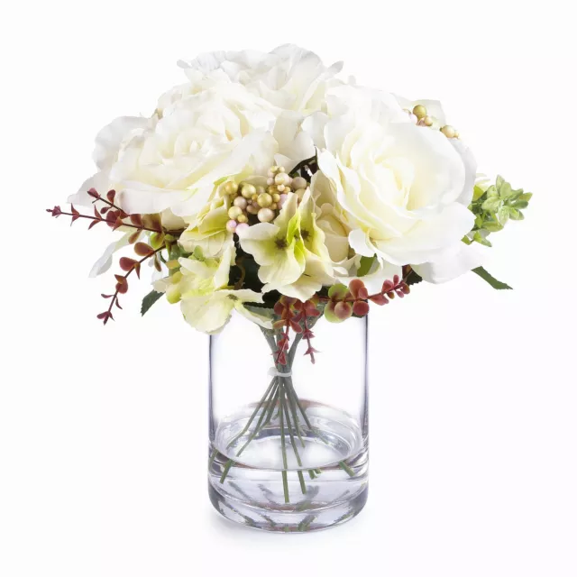 Rose and Hydrangea Faux Flower Arrangement With Clear Glass Vase