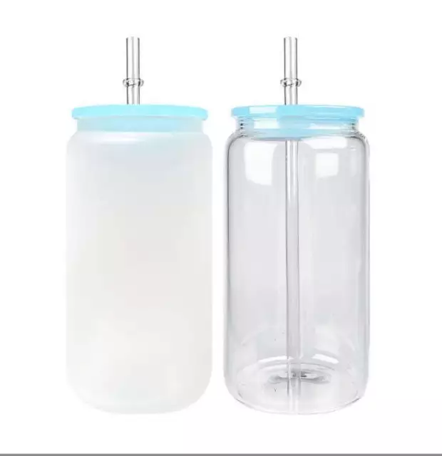 16oz Blank Sublimation Glass Can Jar with plastic Colored lid Tumbler (Clear or 2