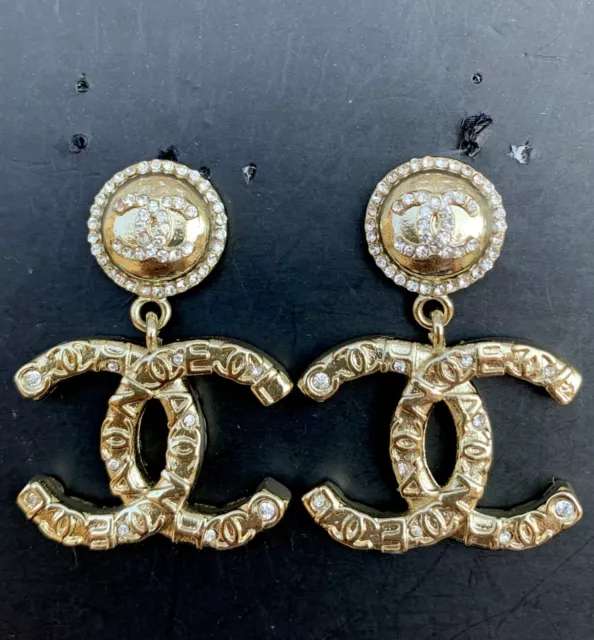 Chanel Black And Gold Metal Crystal CC Drop Flower Earrings
