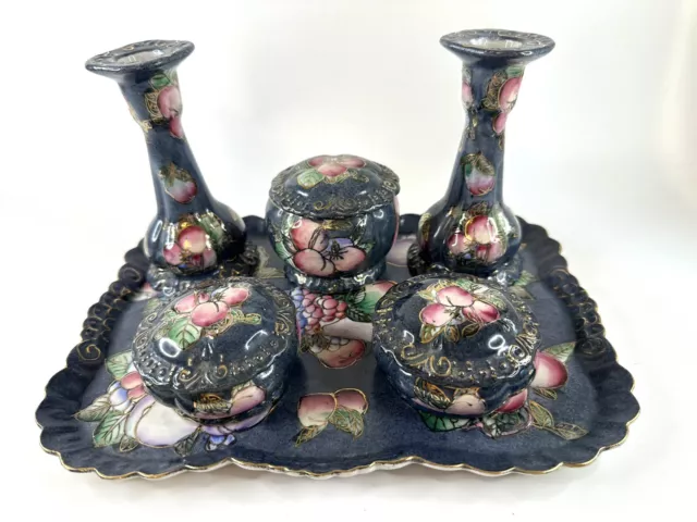 Vintage Porcelain Vanity Dressing Table Set Trinket Boxes Candlesticks Tray Blue