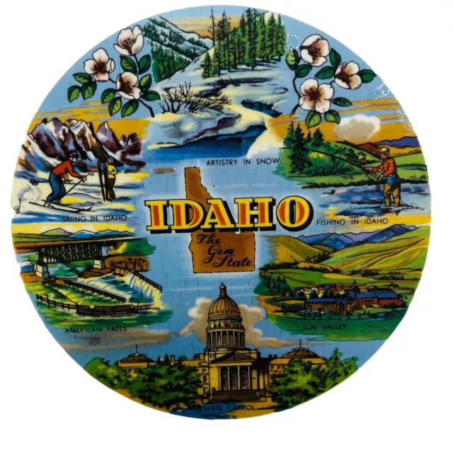 Vintage Idaho Souvenir Plate The Gem State 1970s Sun Valley Skiing Fishing 9” 3