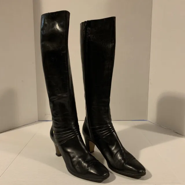 Vintage 90's Salvatore Ferragamo Carla Tall Boots Heel Black Leather Size 8.5 AA