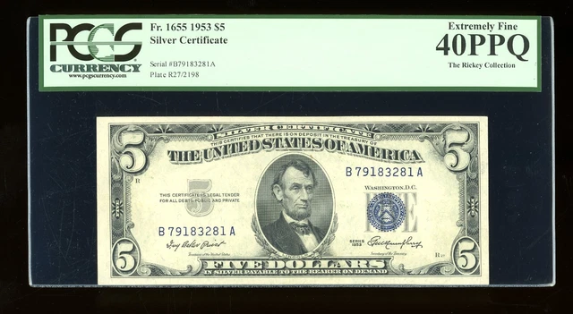 DBR $5 1953 Silver Fr. 1655 BA Block PCGS XF-40 PPQ Serial B79183281A