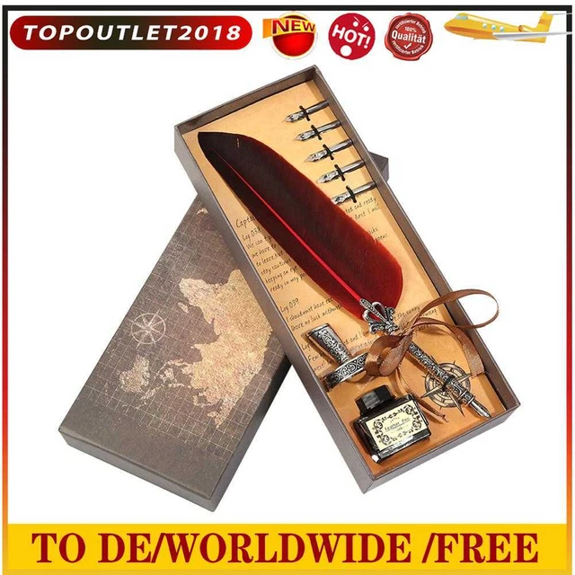 RETRO CALLIGRAPHY FEATHER Dip Pen Writing Ink Quill Fountain Pen Set ...