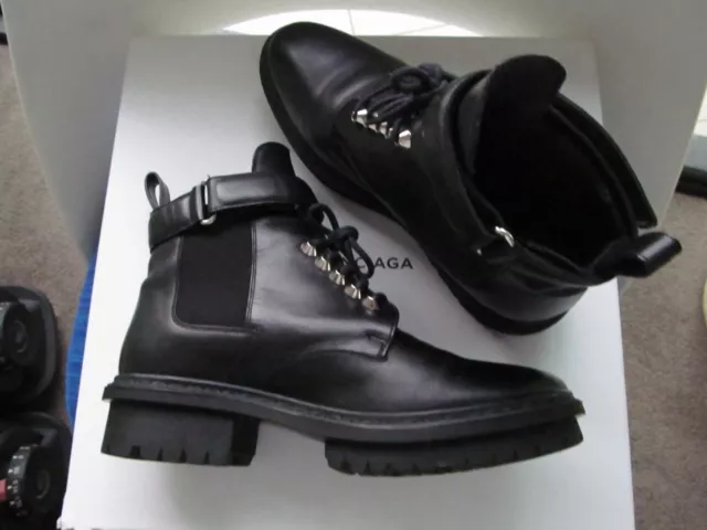 BALENCIAGA Black Leather Lace Up And Ankle Strap BIKER BOOTS Size 38