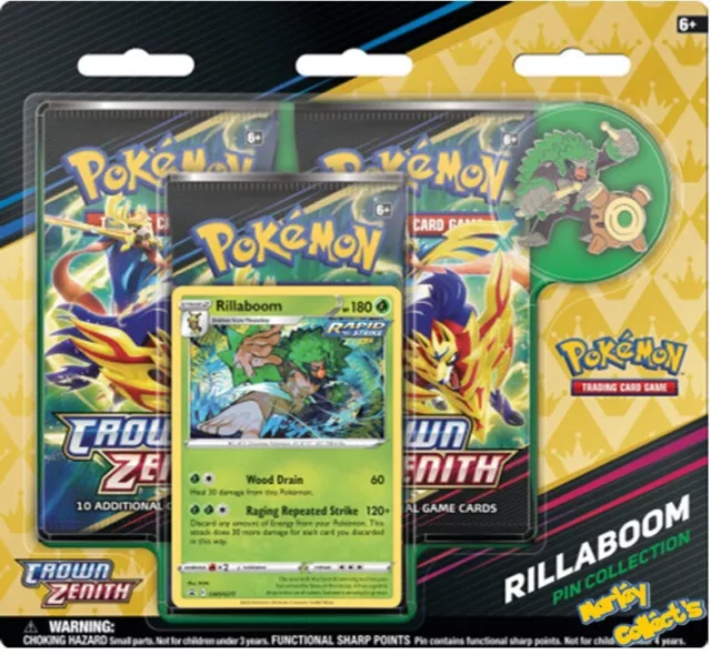 Pokemon Crown Zenith Rillaboom Pin Collection Triple Blister Pack New & Sealed