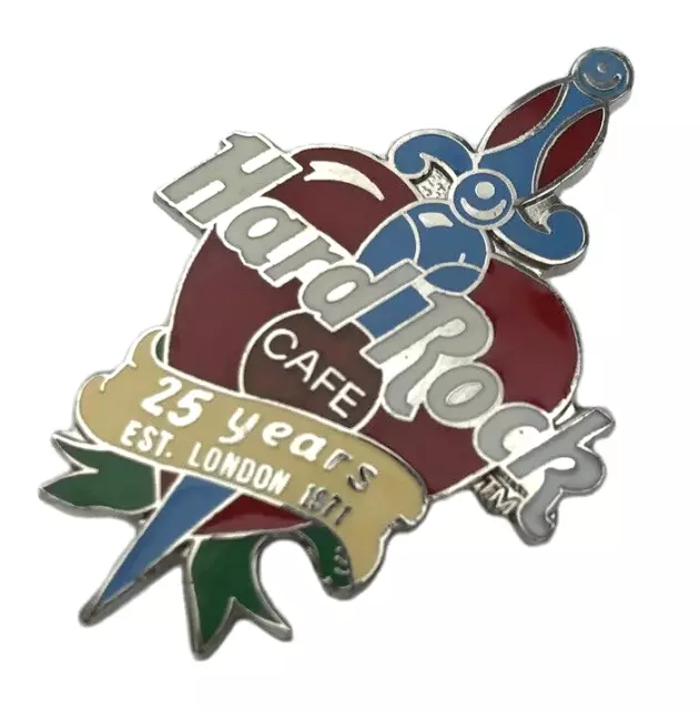 Vtg Hard Rock Cafe 25 Years Anniversary London Pin Heart Dagger Logo 1996 B5