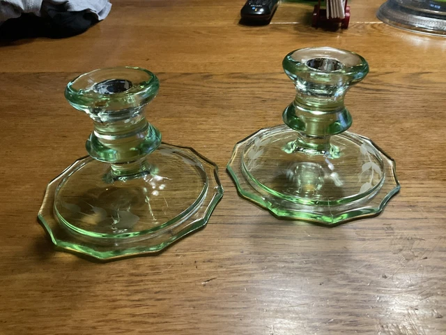 Green Etched Glass Leaf Pattern candle sticks