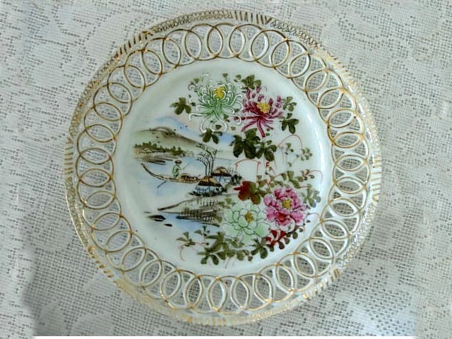 Collectible Vintage Asian Hand Painted Scenic/Floral Plate - Lacy Cutouts