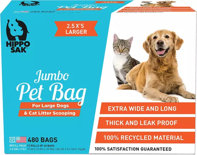 Hippo Sak Extra Large Pet Poop Bags for Large Dogs and Cat Litter, 480 Count