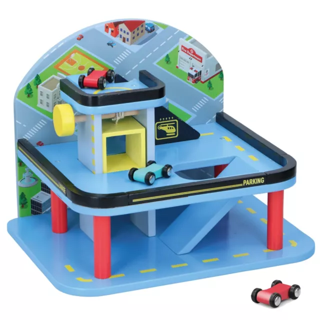 Kids 2 Level Wooden Colourful Car Garage Floor City Park Toy Playset With 2 Cars