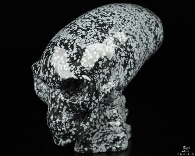 3.7" Snowflake Obsidian Carved Crystal Elongated Mayan Alien Skull with Spine