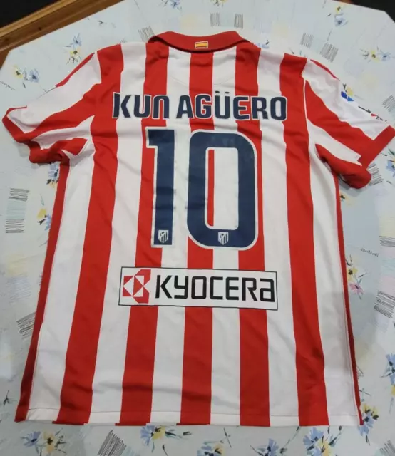 Rara camiseta de jugador Kun Agüero Atlético de Madrid usada partido final Copa Rey 2010