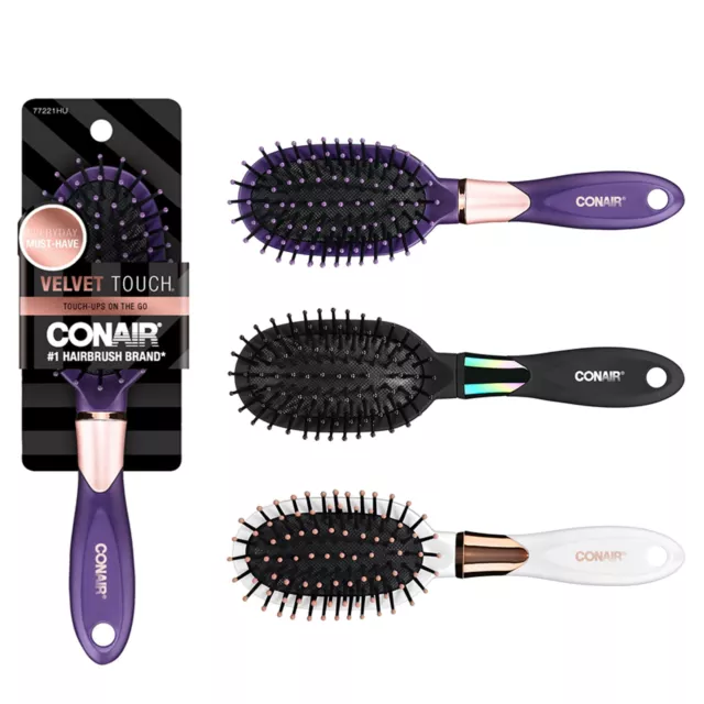 Conair Velvet Touch Travel-Size Cushion Hairbrush with Soft-Touch Handle, Colors