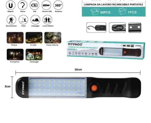 Lampada Torcia Lavoro Calamita Portatile 48 Led Ricaricabile Faro Officina Pesca