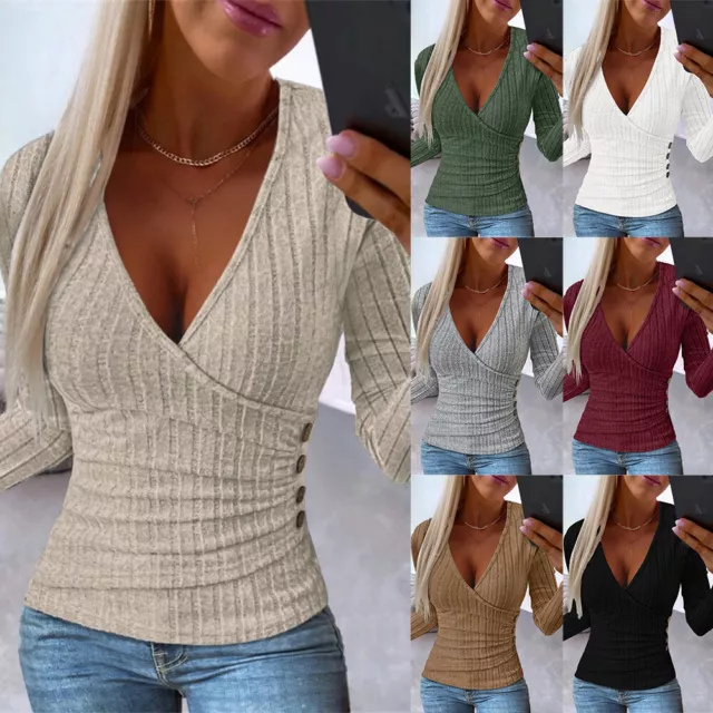 Sexy Women Solid Slim Fit Blouse Ladies Long Sleeve V Neck Pullover Tops Size 14