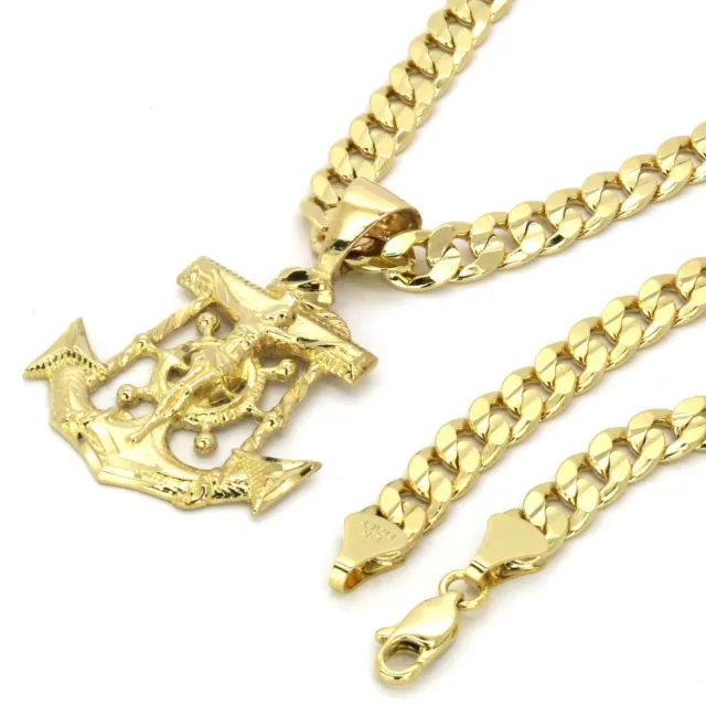 Mens 14k Gold Plated Jesus Anchor Pendant 6mm 24" inches Cuban Necklace Chain