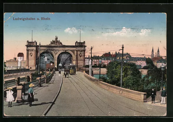 Ludwigshafen a. Rhein, Strassenbahn mit Brücke, Ansichtskarte 1916