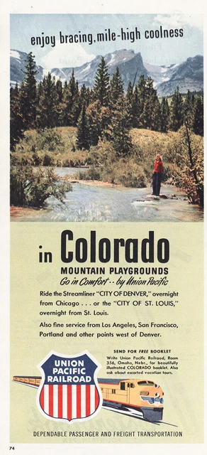 1950 Union Pacific Railroad: Colorado Mountain Playgrounds Vintage Print Ad