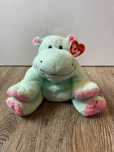 TY Pluffies Tubby - Mint Green Pink Hippo Stuffed Animal Plush 9"