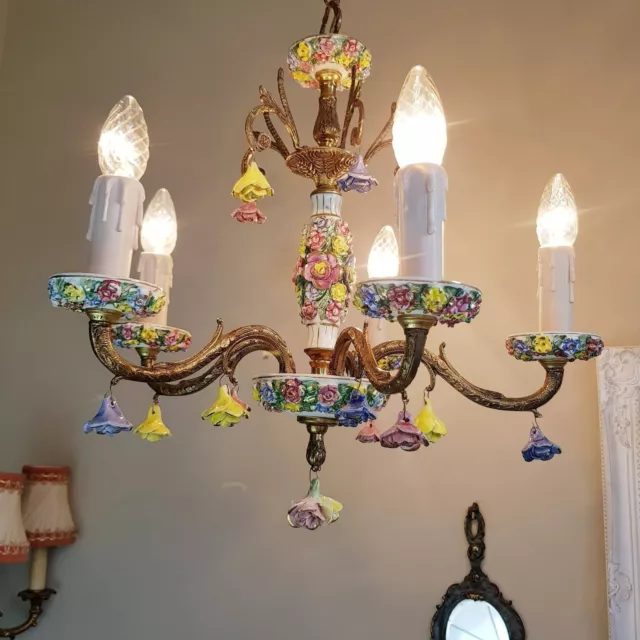 Stunning Capodimonte Porcelain 5 Arms Chandelier, Small Roses, Home Lighting