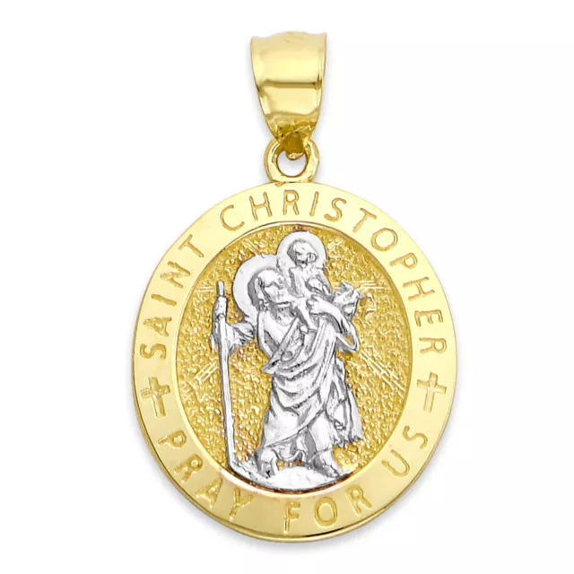 Real Solid Two-Tone Gold Saint Christopher Pendant with Engraving in 10k or 14k