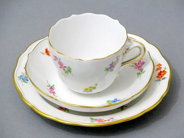 Meissen Mokka Gedeck 3-tlg. Streublumen & Goldrand um 1924 マイセン 邁森