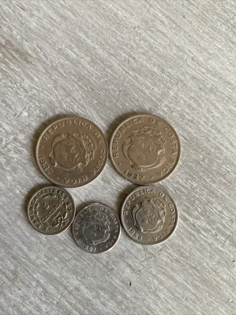 1935, 1937, Costa Rica 25 Centimos, 1951, 1967 5 Centimos, 1958 10 Cent- 5 Coins