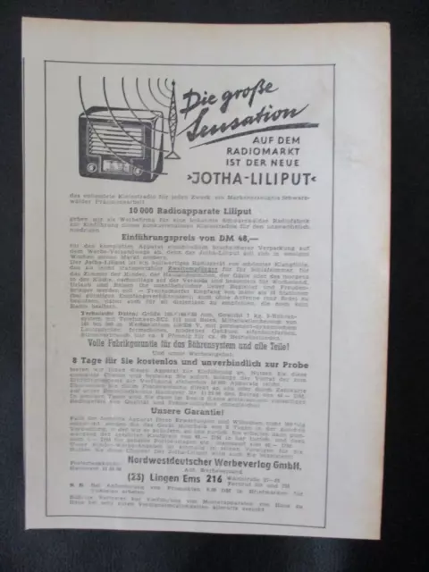 REKLAME Advert ANNONCE Werbung JOTHA-LILIPUT 1953 Radioapparat