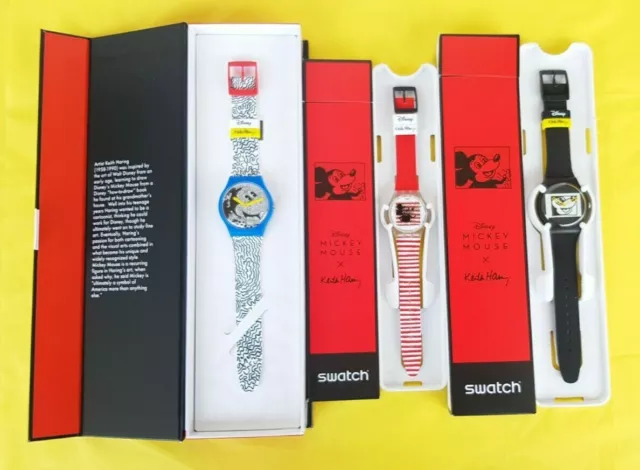3 Swatch Disney Mickey Mouse By Keith Haring. Eclectic+Blanc Sur Noir+Marinière