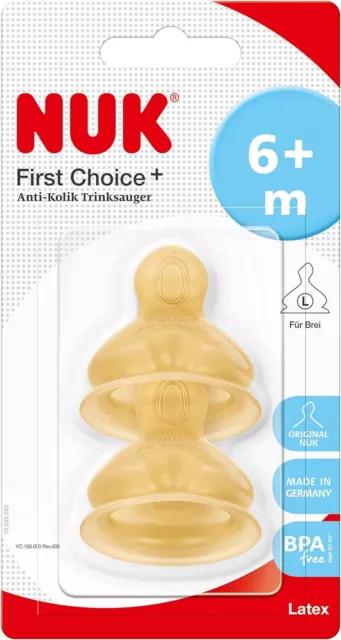 NUK First Choice+ 2 Pack Baby Bottle Teats, 6-18 Months, Latex, Large Feed Hole