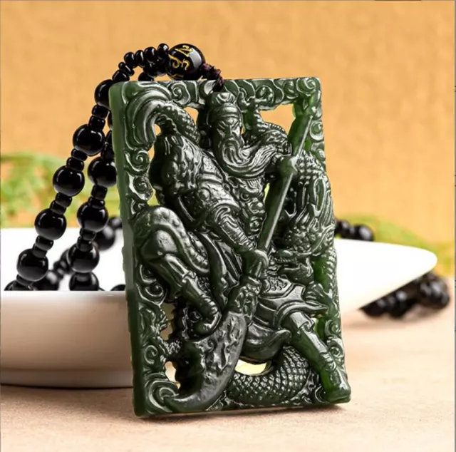 Certified Natural Dark Green HeTian Nephrite Jade Divine Dragon GuanGong Pendant