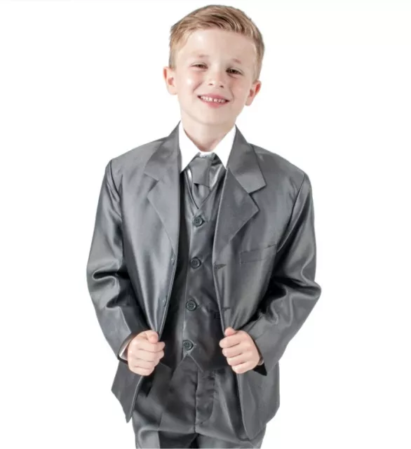 Boys Suits 5 Piece Grey Suit Wedding Page Boy Formal Party Shiny (0-3 - 14 yrs)