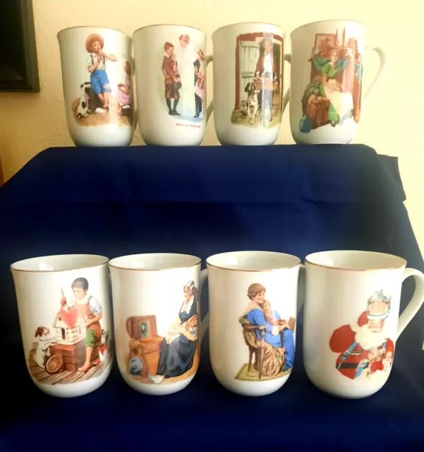 Set Of 8 Vintage 1982 Norman Rockwell Museum Coffee Cups Mugs Gold Trim ~ WOW