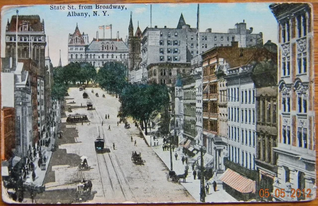 STATE ST at BROADWAY TROLLEY CAR-ALBANY, NEW YORK-VINTAGE ANTIQUE 1915 POSTCARD