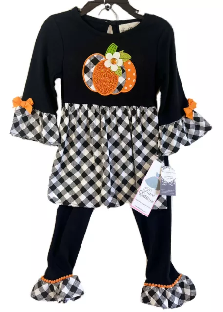 Rare Editions 2T-6X Top & leggins Girls Black Plaid 2 pc Sequin Pumpkin NWT $35