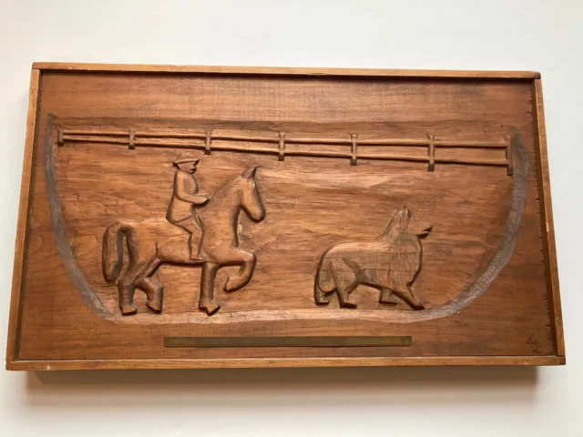 Hand Carved Presentation Wooden Plaque with Horse and Rider and Dog