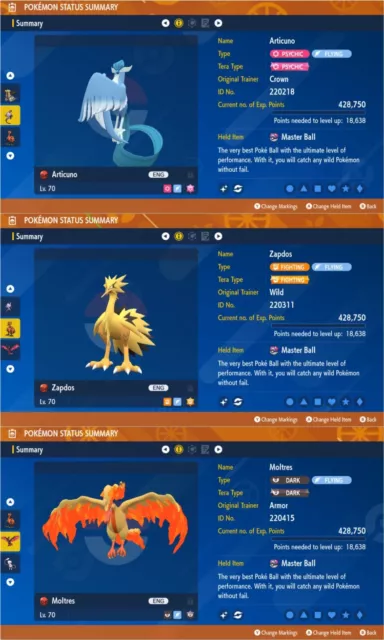 Ultra Sqaure Shiny 6IV Galarian Articuno, Zapdos, and Moltres Legendary  Birds Event Pokemon Holding Master Balls for Sword, Shield, Scarlet, and  Violet - elymbmx