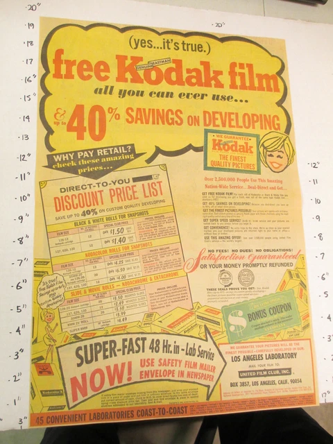 periódico anuncio 1966 cámara Kodak instamatic United Film Club Kodacolor X descuento