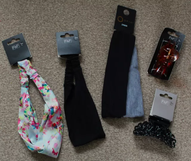 F&F Primark Job Lot Hair Bands/Clasps. BNWT 6 items. 4 hairbands 2 hair clasps