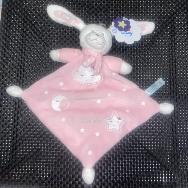 Ca7 Doudou Plat Nicotoy Lapin Rose Blanc Luminescent Etoiles Lune Nuage 45Cm