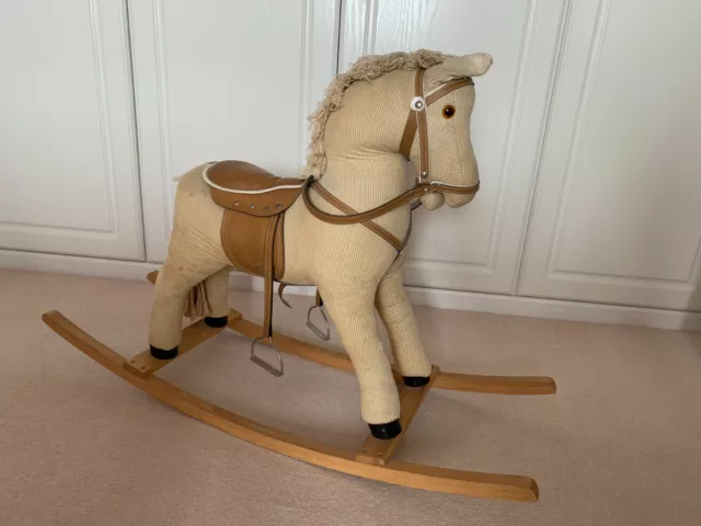 vintage corduroy rocking horse, leather effect reins/saddle