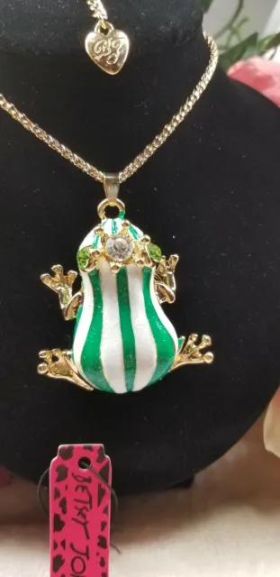Betsey Johnson Dark Green & White Enamel Frog Prince Crystal Rhinestone Necklace