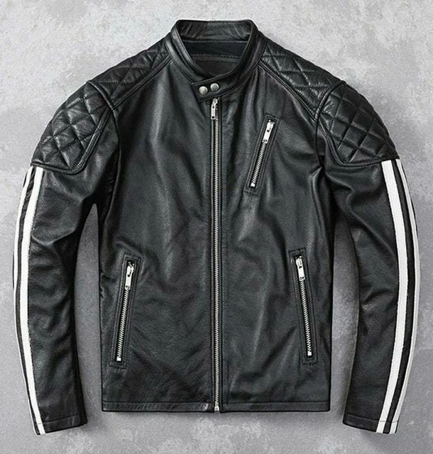 Mens Motorcycle Leather Jacket Genuine Leather Biker Quilted Casual Jacket Men