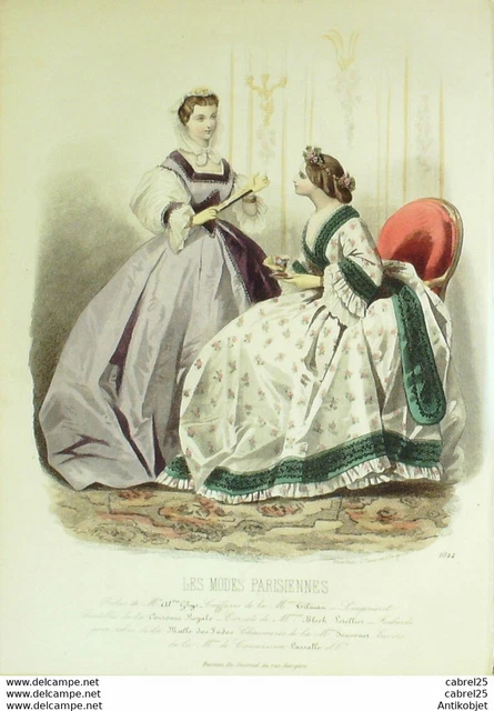 Gravure Les Modes parisiennes 1863 n°1044 Robes Perkale gros de Turin