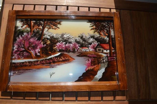 Plateau En Bois Sculpté Signé Marres – Avec Sous-verre Et Décor Peint, Vintage