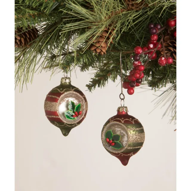 Set Bethany Lowe Mini Glass Red Onion Indent Holly Retro Vntg Christmas Ornament