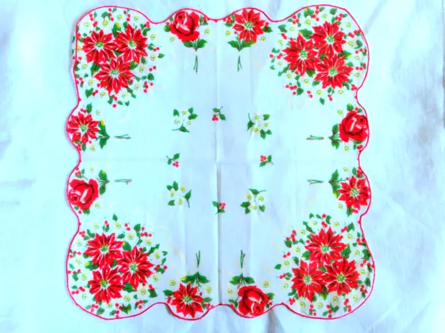 Vintage Christmas Handkerchief/Hanky White with Poinsettias 3
