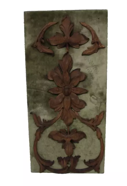 Antique Wooden Panel Containing Carved Oak Floral Fragments Mounted To Felt