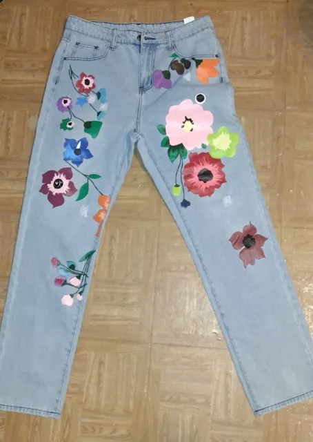 Misslook Jeans Size Small Floral Denim Blue Painted Embellished Distressed